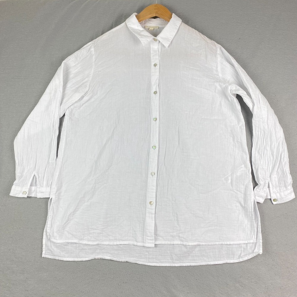 EILEEN FISHER womens Classic Collar Shirt Organic Cotton Gauze Oversized Large